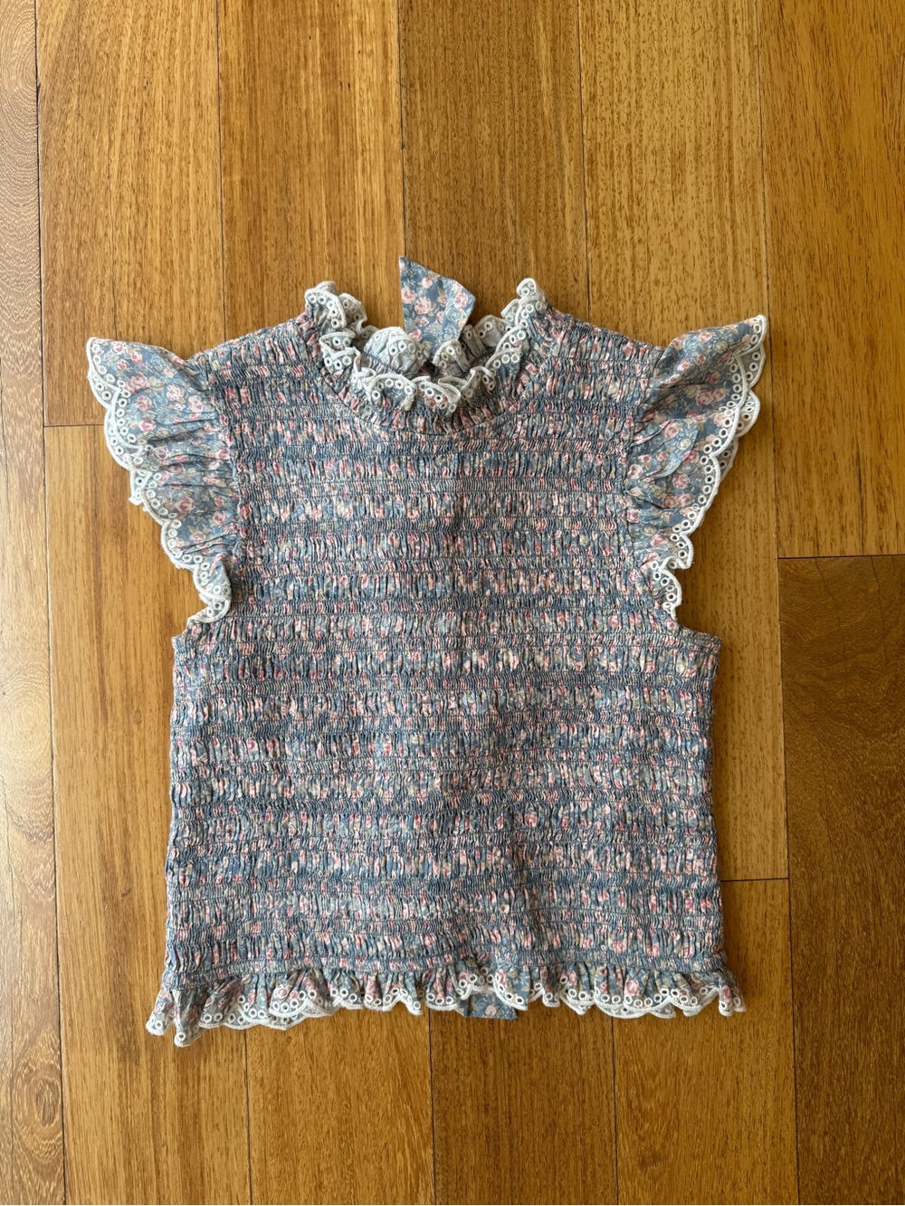 Sezane Blue Pink Smocked Ruffle Lace Top